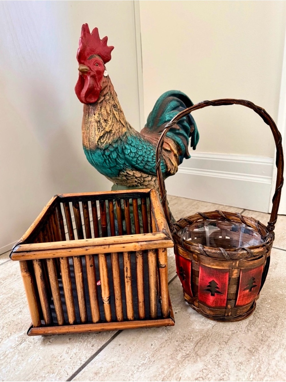 Vintage Brown Wood Rustic Storage Basket & Holiday Woven Basket w Tree Cutouts